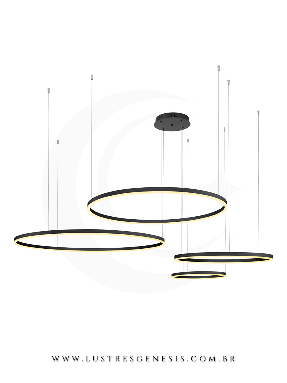 Lustre pendente 4 Rings Alianças brancas com design moderno e industrial, ideal para sala de jantar ou estar. Lustres Gênesis Site online venda de Lustres e Iluminação